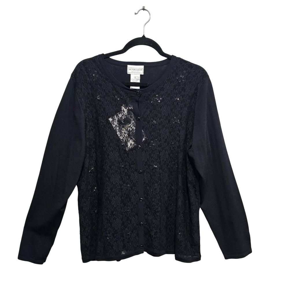Victor Costa Button Front Floral Lace Sequin Sweater Cardigan Black Size L NWT‎